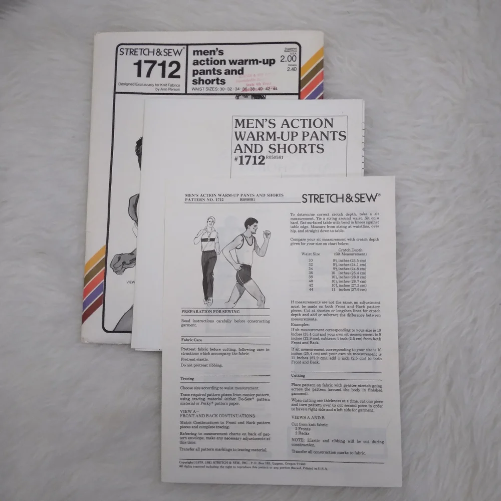 STRETCH & SEW 1712 Men's Action Warm Up Pants & Shorts, Waist Size 30-44